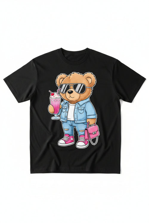 BamGleam Women Summer Cartoon Bear Printed Round Neck Short Sleeve Casual T-Shirt Graphic Tees Women Tops