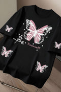 Butterfly Be Yourself Graphic Tee, Y2K Aesthetic Print T-Shirt, Inspirational Quote Casual Short Sleeve, Streetwear Top Black Summer