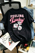 Lucky Dice Pattern T-Shirt, Y2K Aesthetic Graphic Tee, Retro Lucky Vibe Casual Short Sleeve, Streetwear Style Top Black Summer