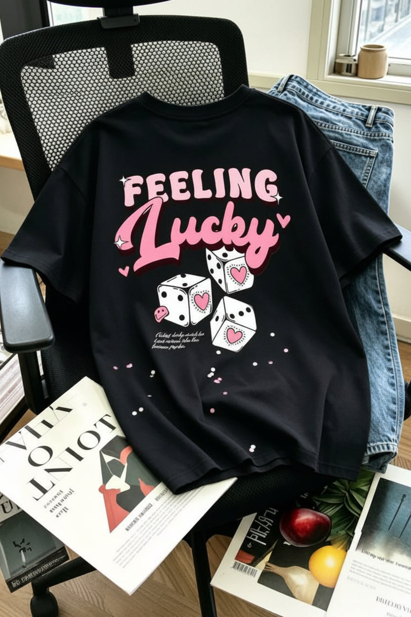 Lucky Dice Pattern T-Shirt, Y2K Aesthetic Graphic Tee, Retro Lucky Vibe Casual Short Sleeve, Streetwear Style Top Black Summer