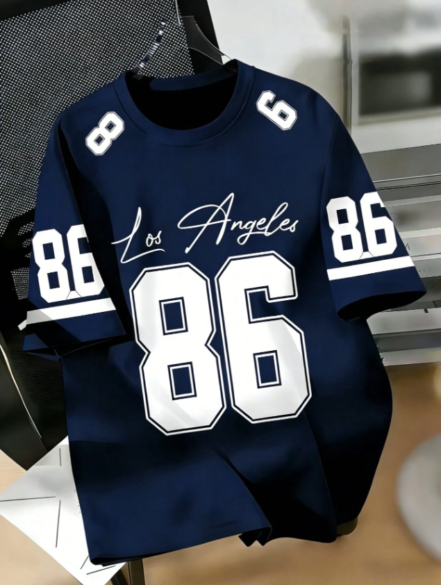 Men's Graphic T-Shirt With Number 86 And "Los Angeles" Handwritten Letter Pattern, Loose And Comfortable, Suitable For Casual, Sports, Campus Activities, Made Of Polyester Fiber,