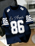 Men's Graphic T-Shirt With Number 86 And "Los Angeles" Handwritten Letter Pattern, Loose And Comfortable, Suitable For Casual, Sports, Campus Activities, Made Of Polyester Fiber,