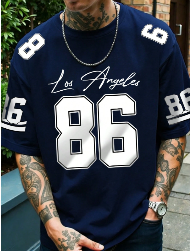 Men's Graphic T-Shirt With Number 86 And "Los Angeles" Handwritten Letter Pattern, Loose And Comfortable, Suitable For Casual, Sports, Campus Activities, Made Of Polyester Fiber,