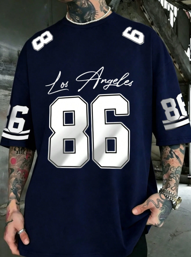 Men's Graphic T-Shirt With Number 86 And "Los Angeles" Handwritten Letter Pattern, Loose And Comfortable, Suitable For Casual, Sports, Campus Activities, Made Of Polyester Fiber,