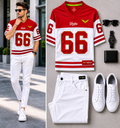 Men Sports Jersey T Shirt Oversized Half Sleeve V Neck Graphic Printed Casual Summer Tee Shirt Streetwear Loose Fit Athletic Shirt for Men Red White